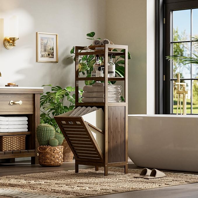 HITNET Bamboo Tilt Out Laundry Hamper, Bathroom Storage Cabinet with Hidden Removable Basket and 3 Open Shelves, Space Saving Bamboo Storage for Clothes, Towels and Toys, Walnut