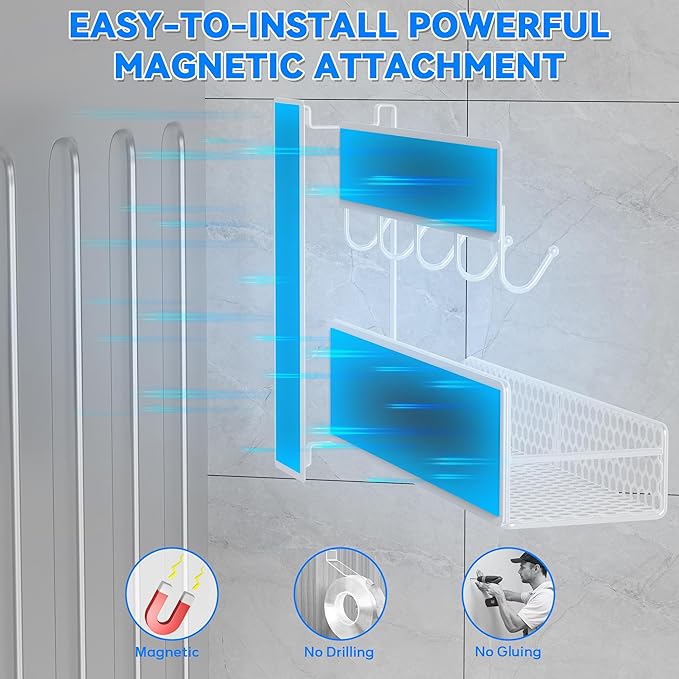 5 Pack Multifunctional Magnetic Shelves for Washing Machine & Refrigerator - Heavy Duty Laundry Room Organization System with Tool Hooks, Metal Storage Baskets (White)