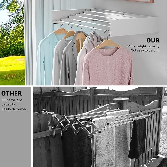 Laundry Drying Rack Collapsible, Wall Mounted, Clothes Drying Rack, 31.5" Wide, 5 Aluminum Rods, 60 lb Capacity, Laundry Racks for Drying Clothes with Wall Template(White 31.5")