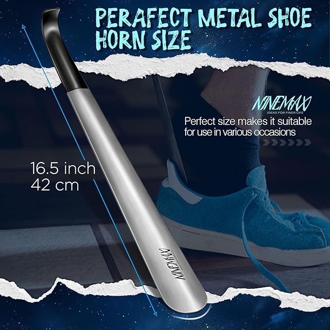 NINEMAX Shoe Horn Long Handle for Seniors Men Women, Metal Long Shoehorn Boot Horn, Stainless Steel Shoe Spoon Helper 16.5''(Pack of 1)