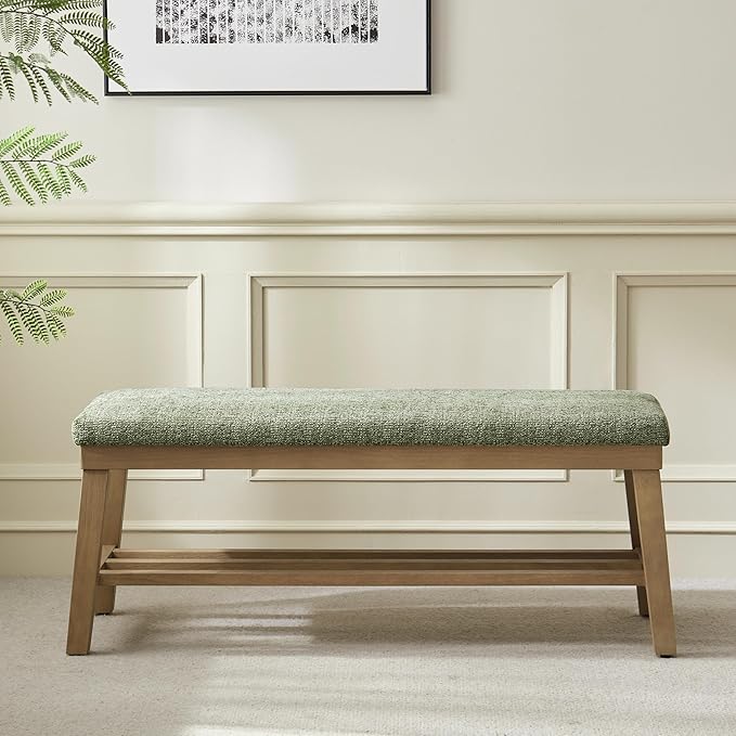 VKNOW Entryway Bench, 44.4" Upholstered Storage Shoe Bench for Entryway & Bedroom, Shoe Rack Bench with Rubberwood Legs, Modern End of Bed Bench for Living Room and Hallway, Green