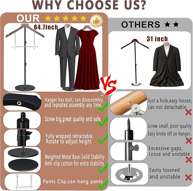 T Shirt Stand Display 26-64.7 Inch with Pants Clip, Height Adjustable for Long Short Clothes Dress, Display Mannequin for Store, Closet, Photoshoot, Exhibition, Vendors Shop, Parties（Brown 1pcs）