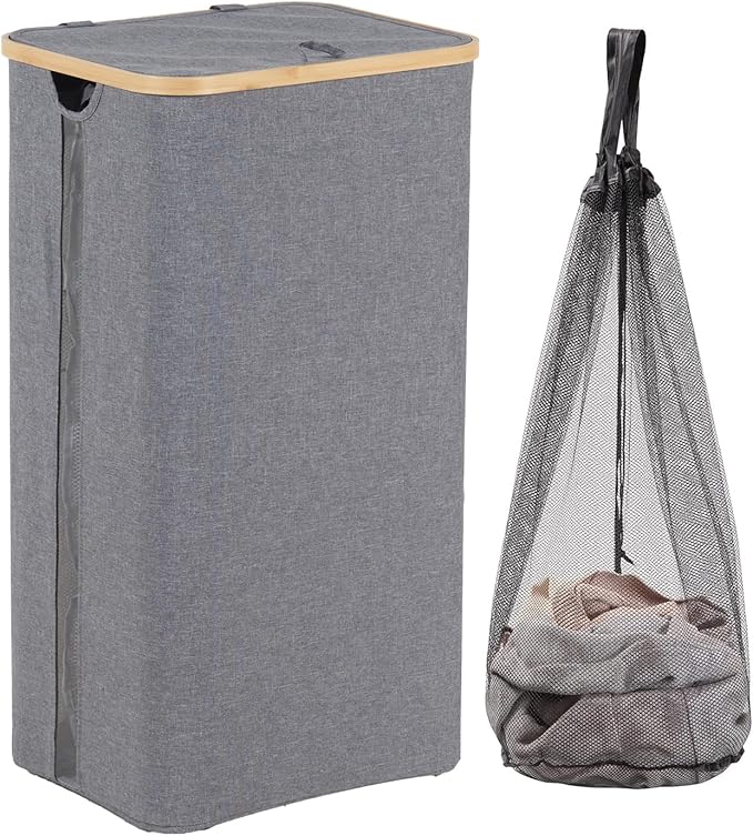 100L Laundry Basket with Lid, Clothes Hampers for Laundry with Bamboo Handles Large Foldable Laundry Hamper with Removable Inner Bag for Laundry Room, Bathroom, Bedroom and Dorm - Grey