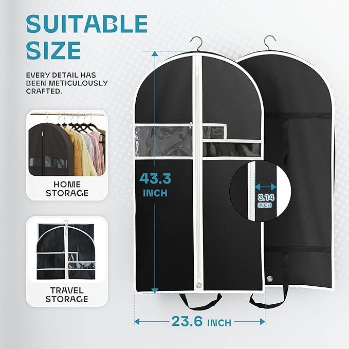 Garment Bags for Travel and Closet Storage with Zipper Pocket, Heavy Duty Waterproof Hanging Suit Bag with Handles for Suits, Coats, Jackets, Shirts, 43 inch