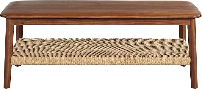 Alaterre Furniture Calais Coffee Table - 48-Inch Living Room Table with Woven Shelf - Solid Acacia Wood Coffee Table (Warm Chestnut)