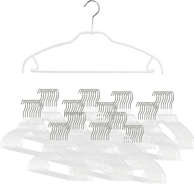 Mawa by Reston Lloyd Silhouette Ultra-Thin Series, Non-Slip Space Saving Shirt Hanger with Pant Bar & Skirt Hooks, Style 42/FTU, Pack of 130, White