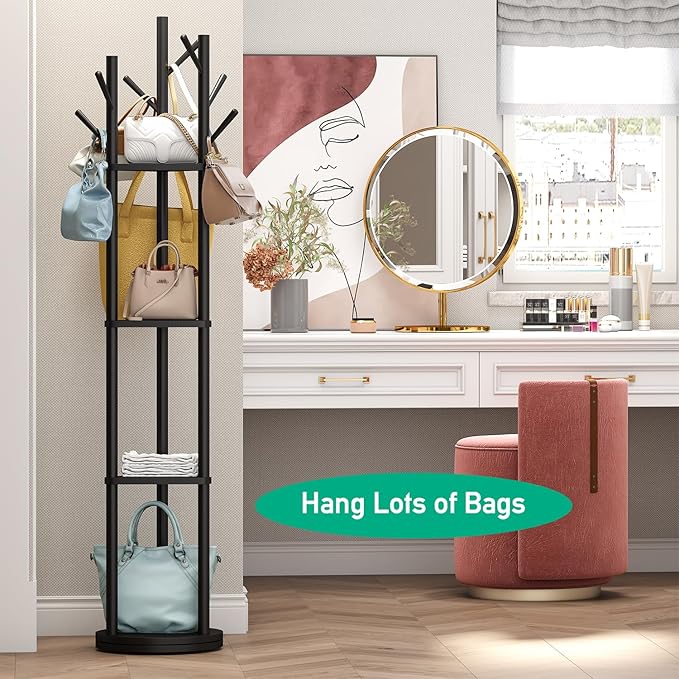 Rotary Coat Rack Stand with 8 Hooks, Black Bamboo Wood Coat Tree for Clothes/Bags/Hats, Large Coat Rack Freestanding for Entryway (Black_triangle)