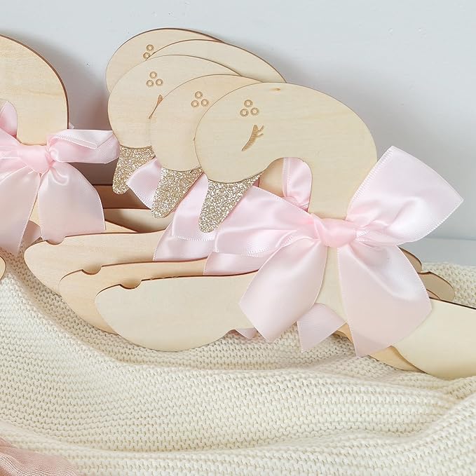 Wooden Swan Hangers with Pink Satin Bows, Gold Glitter Accents, 10 Pieces, Nursery Decor for Baby Shower，Suit Hangers- Girls Bedroom Closet Decorations,Kids Hanger with Bow,Baby Clothes Storage