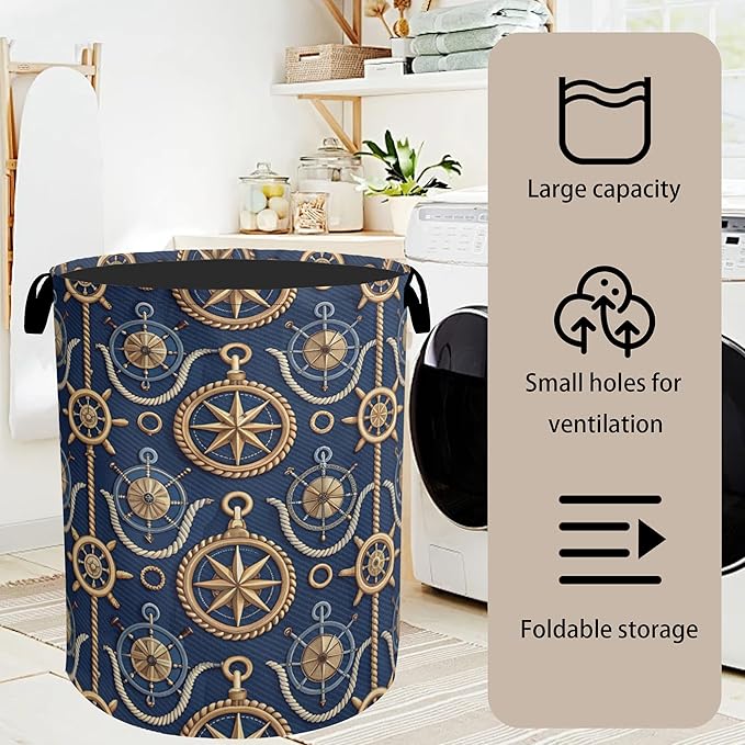 Navy Blue Sailor Anchor Laundry Basket with Handles - Extra Large Foldable Hamper for Bathroom/Laundry/Bedroom/Dorm, Washable Fabric Storage Bin