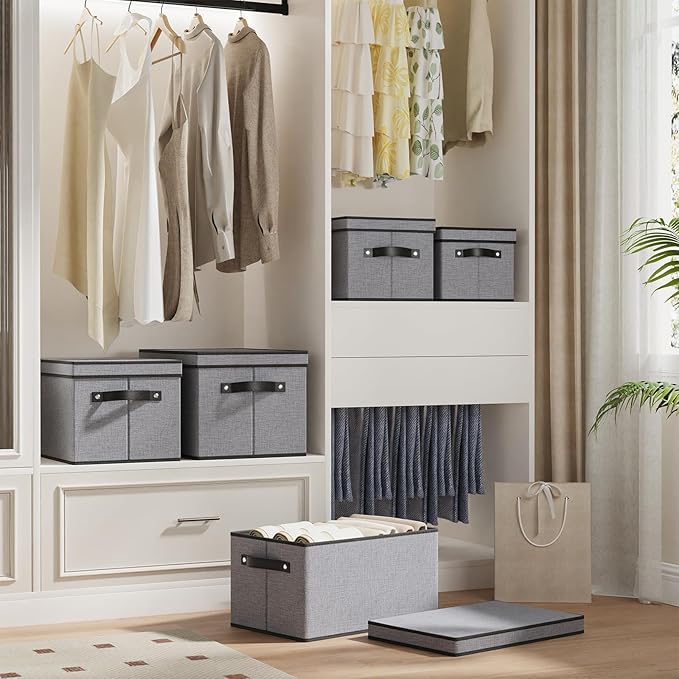 Storage Bins with Lids and Handles, Storage Boxes for Organizing Shelves, Decorative Linen Closet Organizers, Gray, 16.5 x 11.8 x 10.2 Inch, 5-Pack