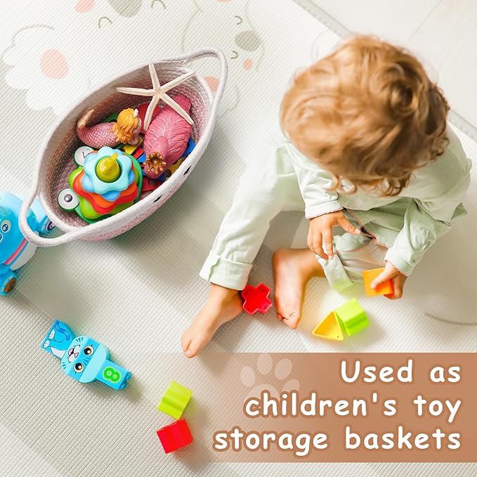 Small Woven Baskets for Organizing with Handle Cute Cotton Basket for Nursery Gift Dog Cat Toy Storage Basket for Toy Organizer-Pink