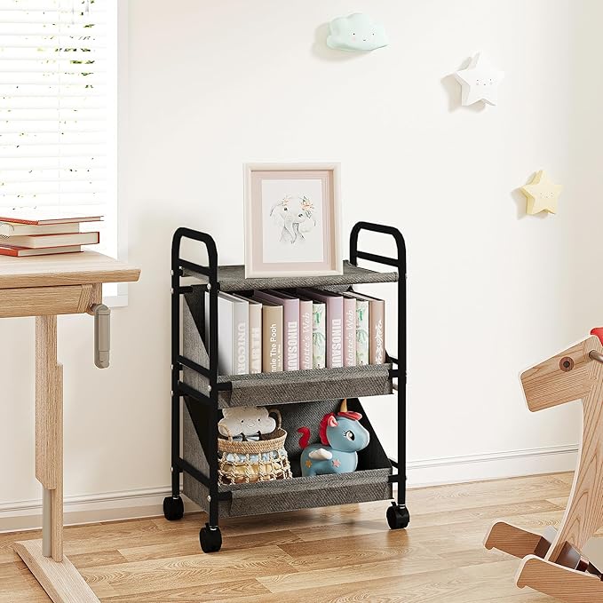 Buzowruil Utility Rolling Fabric Storage Rack Trolley Toy Rack Trolley with 2 Large Storage Boxes,Wheels, Suitable for Bedroom, Living Room, Entryway, Grey