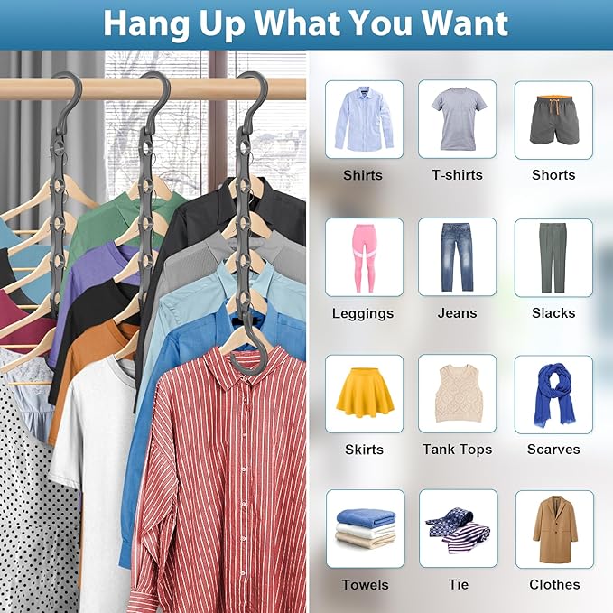 24 Pack Hangers Space Saving Magic Plastic Hanger Organizer Shirt Space Saving Hangers, Multi Clothes Hangers Space Saver for Closet Organizers Storage College Dorm Room Essentials, Grey