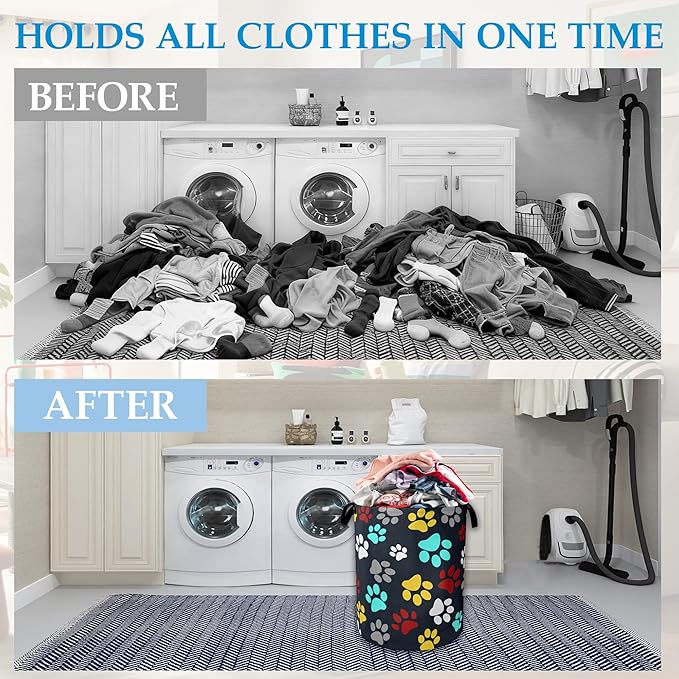 Colourful Paw Prints Laundry Basket Collapsible Laundry Hamper with Handle, Oxford Clothes Toy Storage Bin for Bathroom Bedroom Room Decor 16" X 20.8"