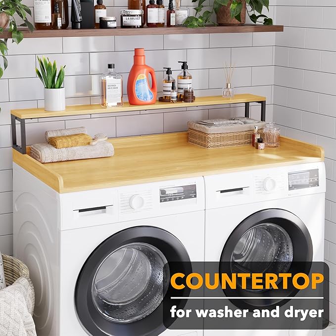 SpaceAid 2-Tier Washer Dryer Countertop, Laundry Topper with Rack Shelf 54" Width x 27.5" Depth x 10" Height Organizer Cover for Washer and Dryer Laundry Hamper Counter Storage (Maple Wood)