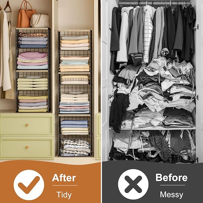 6-Tier Stackable Closet Organizers and Storage Basket, Set of 3 Closet Shelf Organizer with Adjustable Divider & Wood Top Board, Clothes Storage Bins for Wardrobe Organizer System, Space-Saving, Black