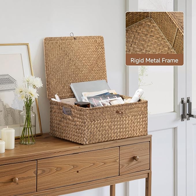 StorageWorks Extra Large Wicker Baskets, Seagrass Storage Baskets for Shelves, Decorative Box with Built-in Handles,Brown