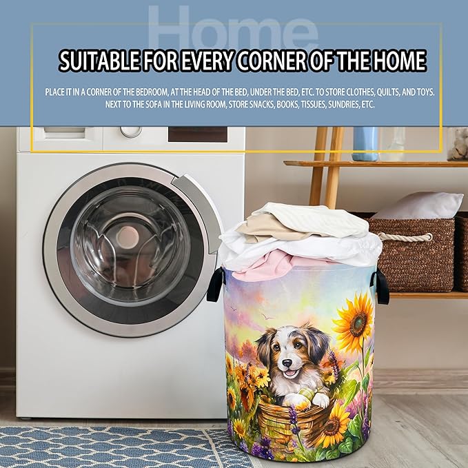 Cute Dog Laundry Basket Sunflower Flowers Foldable Waterproof Oxford Cloth Funny Tote Bag Laundry Hamper Clothes Storage Bucket Toy Organizer For Bathroom/Laundry Storage/Bedroom 18.9x16.5 Inch