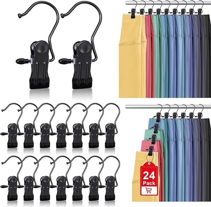 24 Pack Boot Hangers Clips for Closet, Heavy Duty Legging Organizer for Closet Hanging Pants Hangers with Clips Clothes Pins Hanger Clips Laundry Hooks Towel Socks Hats Tall Boots Home Travel Black
