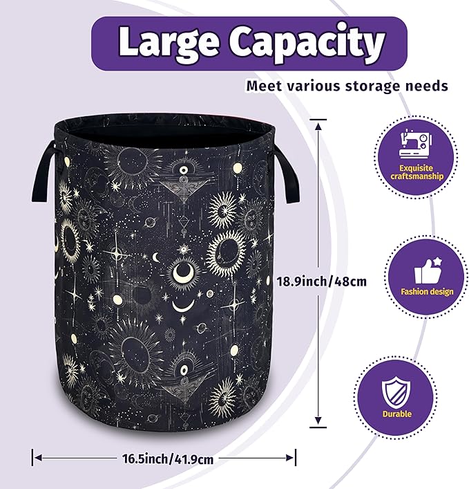 Gothic Sun Moon Stars Laundry Basket Foldable Oxford Cloth With Handle Portable Colorful Storage Basket Organizer Suitable For Laundry Room/Bedroom/Living Room/Children'S Room (18.9 X 16.5 Inch)