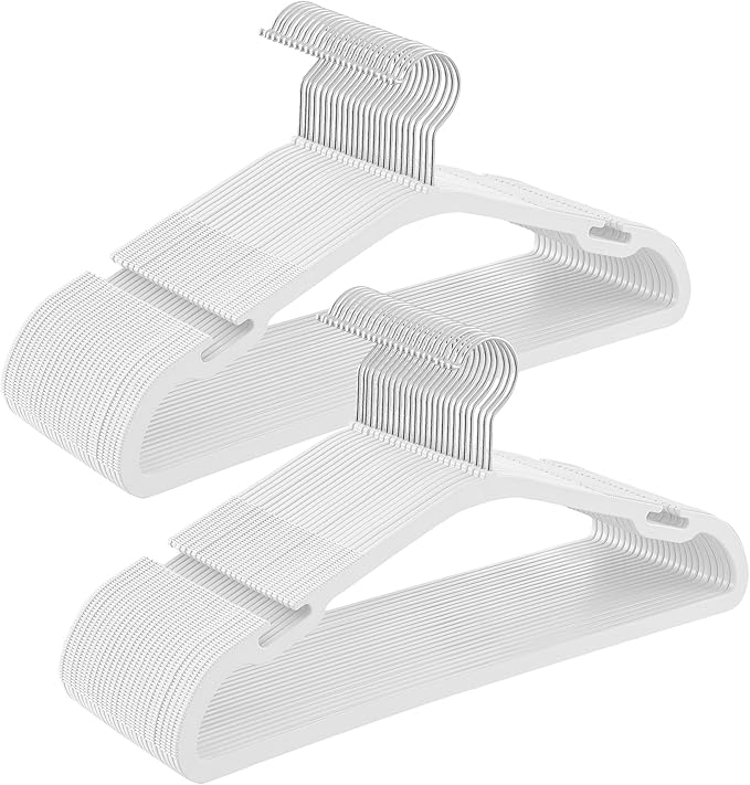 SONGMICS Clothes Hangers 50 Pack, Heavy-Duty Plastic Hangers, Coat Hangers with Wide Shoulder Notches, Pant Bar, 360° Swivel Hook, Space-Saving, 16.4 Inches, for Closet, Cloud White UCRP060W01