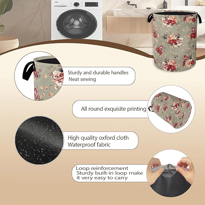 Red Rose Flowers Laundry Hamper,Vintage Floral Clothes Hamper for Laundry,Waterproof Oxford Toy Storage Collapsible Hampers for Bedroom, Dorm Room,Bathroom,16x20 Inch