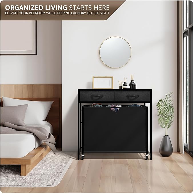 Sorbus 3 Section Laundry Hamper with Shelf and 2 Drawers for Laundry Room Organization, Laundry Basket with Wheels, Rolling Laundry Hamper, Laundry Sorter for Optimal Storage and Organization (Black)