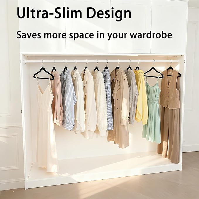 Velvet Hangers 50 Pack, Non Slip Clothes Hanger Felt Hanger with Pants Bar, Premium Quality Slim Space Saving Suit Hangers for Closet Organizer, Heavy Duty Coat Hanger, 360° Rotating Hook(Black)