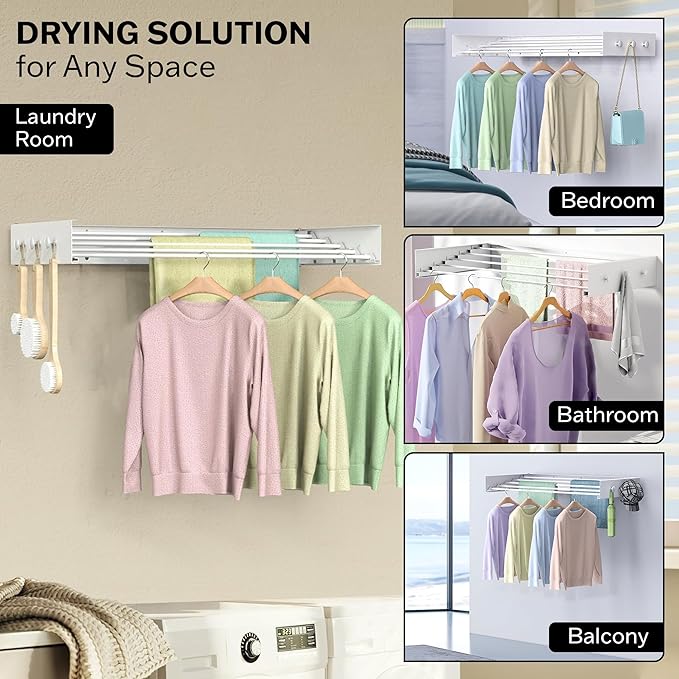 Wall Mounted Drying Racks for Laundry (31.5 Inches Wide) – Retractable Clothes Drying Rack Wall Mounted with Carbon Steel Panel 6 Knobs & 5 Aluminium rods, Wall Drying Rack with Screws (White)
