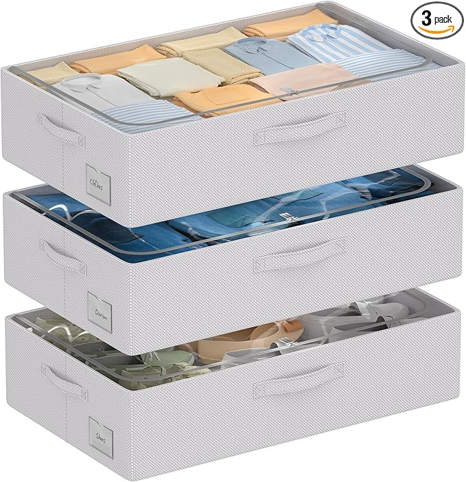 CYhom 3Pcs Under Bed Storage Bins with Metal Frame - Shoe Organizer for Closet with Clear Cover Oxford Fabric Sturdy Underbed Container Foldable Stackable Clothes Organizer (Grey, 23.5x15.7x6.3)