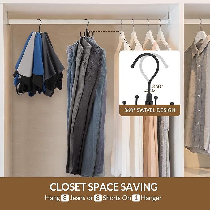 ZEDODIER Jean Hangers Jeans Organizer for Closet, Rotatable Sturdy 8 Hooks Jean Holder, Metal Space Saving Closet Organizers and Storage, Black