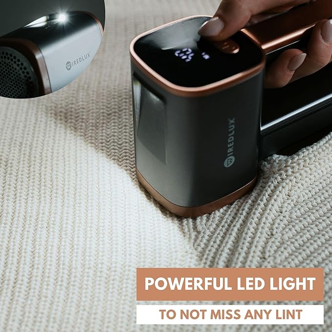 Electric Lint Remover - Rechargeable Fabric Shaver for Clothes & Couch - Adjustable 3-Speed, 6-Leaf Blade, LED Light, USB Charging - Depiller with Dual Protection (Graphite Grey/Copper)