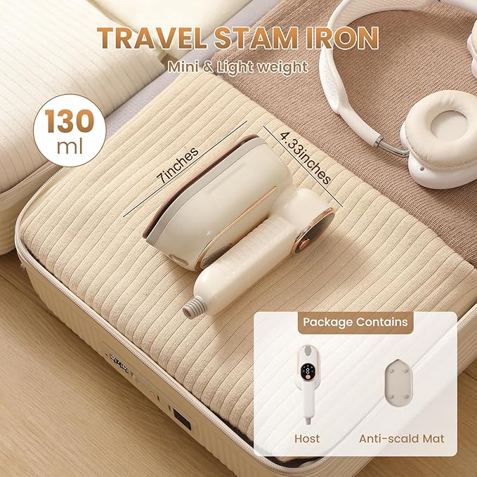 Portable Clothing Steamer, 1000W Clothing Wrinkle Remover, 3+1 Steam Adjustment Multifunctional Hanging Iron with LED Digital Display Screen, 130ml, with Water Shortage Warning, Safe Use (Beige)