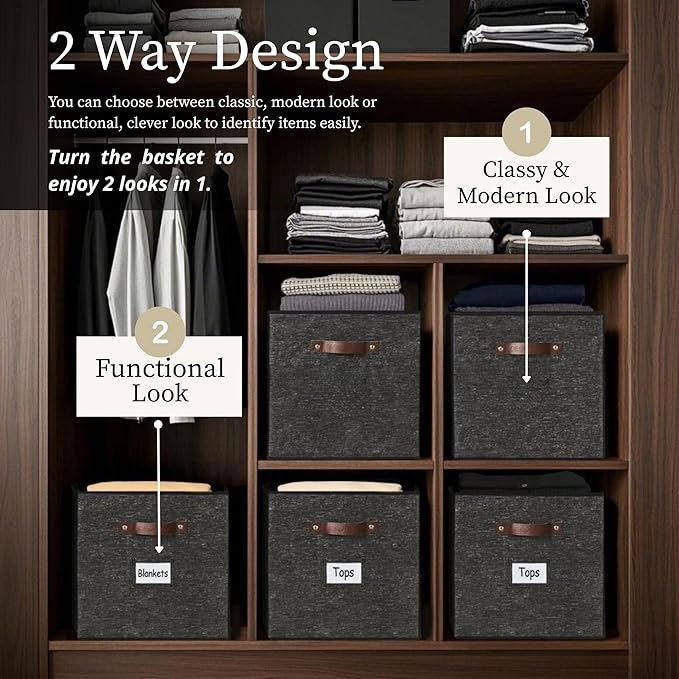 DECOMOMO Storage Baskets, 13x15x13 Storage Cube Bins with Labels for Organizing Shelves Kallax (Kallax / 4pcs, Black Pattern)