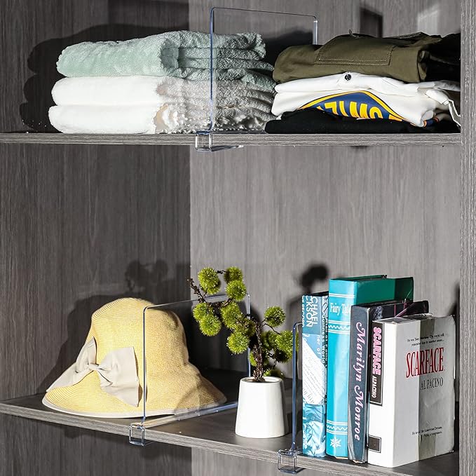 Sooyee 6 Pack Beautiful Acrylic Shelf Dividers, Perfect Perfect for Closets Kitchen Bedroom Shelving Organization to Organize Clothes Closet Shelves, Books,Towels and Hats, Purses Separators,Clear