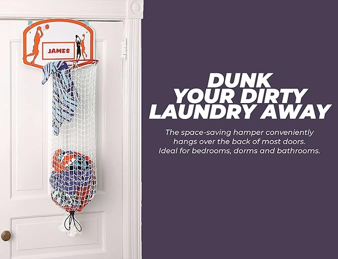 Etna Over the Door Basketball Laundry Hamper - Space Saving Hanging Hamper with Metal Ring, Backboard, Drawstring Bag - Fun Laundry Solution for Kids Room, Dorm Rooms, Dunk Away Dirty Laundry