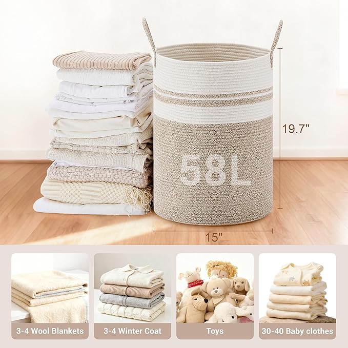 Tall Laundry Basket with Handles, 58L Portable Dirty Clothes Hamper, Boho Cotton Rope Storage Bin for Blankets Kids Toys Gifts, Decorative Organizer for Nursery Bedroom Bathroom, New Brown