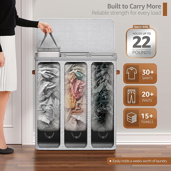 Sorbus Laundry Hamper with Lid - Collapsible 3-Compartment Fabric Laundry Basket with Handles and Removable Laundry Bag – 50 Gallon (190 L) Dirty Clothes Hamper for Bedroom, bathroom and dorm (Gray)