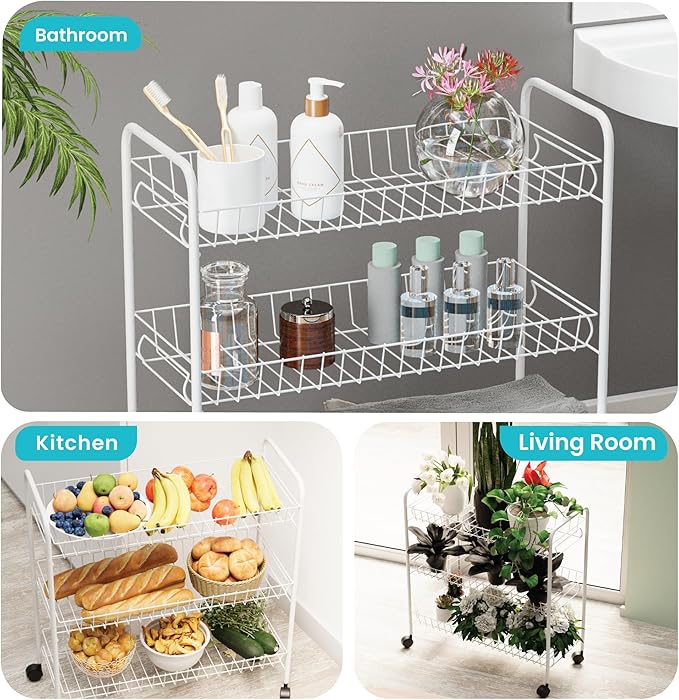 Home Zone Living Rolling Utility Cart with Handle, 3 Tier Versatile Storage Organizer with Wheels for Home, Office, Living Room, and Kitchen
