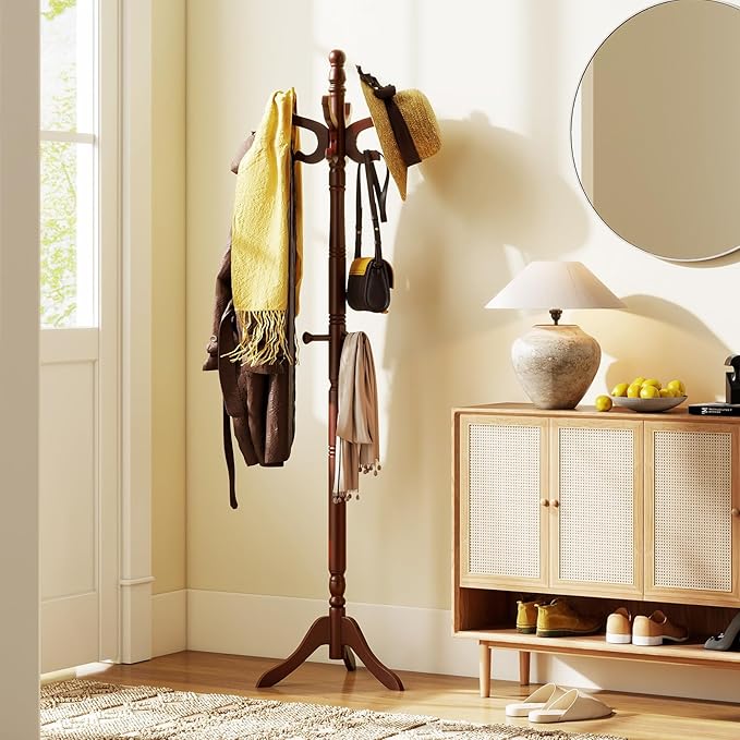 Tangkula Coat Rack Freestanding, Solid Rubber Wood Coat Tree with 11 Hooks and 3 Height Options for Coats, Hats, Bags, Purses, Clothes, Hanger Stand for Entryway Hallway Bedroom Office (Reddish Brown)