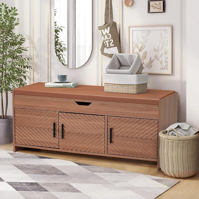 ECOTOUGE Storage Bench, Shoe Bench with Lift Top Storage, Wooden Entryway Bench with Cushioned Seat, Adjustable Shelf for Living Room, Bedroom, Hallway, Brown