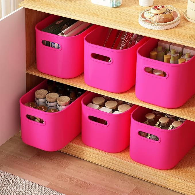8 Pack Pink Storage Bins with Lids Stackable Storage Container for Organizing, Storage Boxes with Handle for Shelves, Cute Storage Bin for Craft, Snacks, 9.85x6.9x5.7 inch