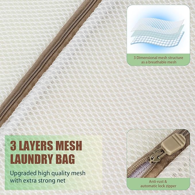 FOYERNUAGE Mesh Laundry Bags for Delicates with Auto Lock Zipper, 3 Dimensional Laundry Bag, 12''x16''Mesh Bag for Bra, Blouse, Hosiery, Underwear, Baby Clothes, Delicates Bag for Washing Machine