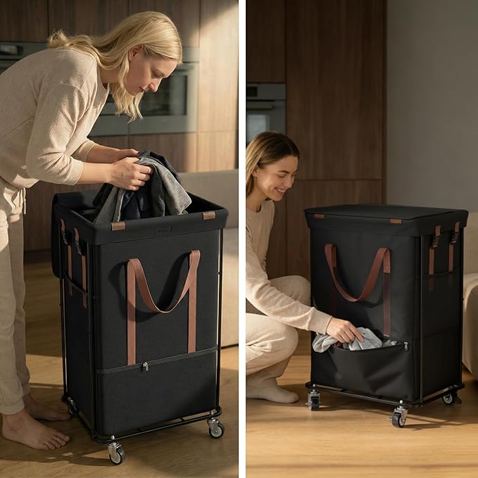 150L Rolling Laundry Basket with Wheels, Double Laundry Hamper with Lid and 2 Removable Bags, 2 Section Large Dirty Clothes Hamper for Laundry Room Bedroom Bathroom Dorm 19.7"Wx15.7"Dx31.9"H, Black