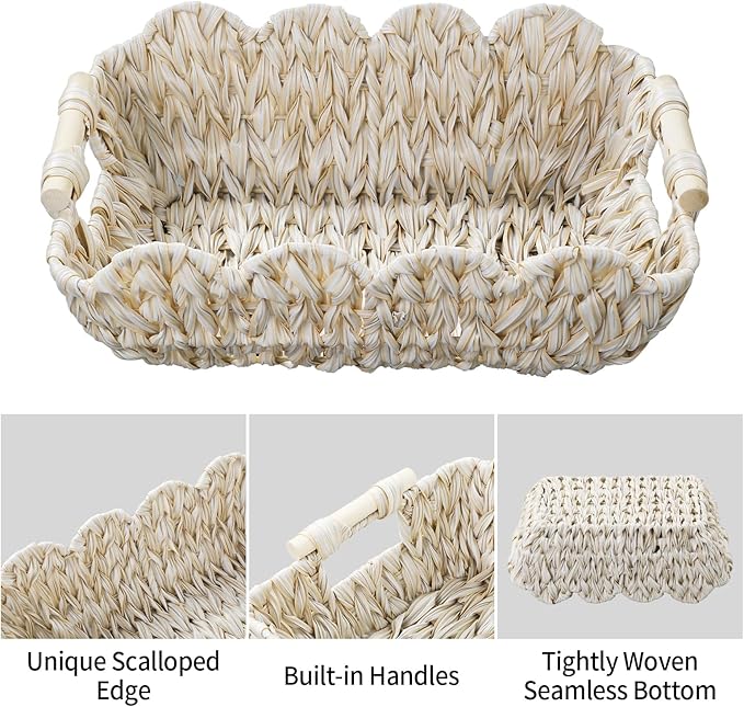 Small Scalloped Basket,Boho Decortive Wicker basket with Wooden Handle,Hand-Woven Wicker Storage Baskets for Organizing,Shelves,Snack,Display,2 Pack