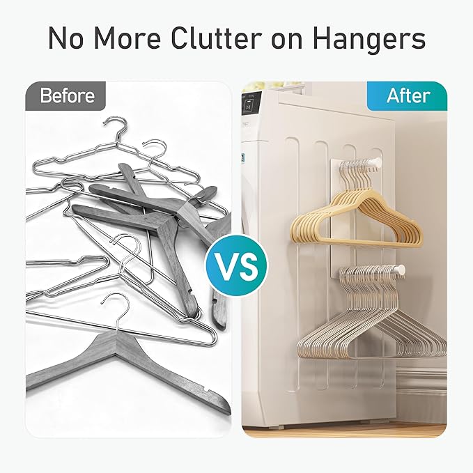 Hanger Organizer Stacker, Magnetic Hanger Holder, Retractable Hanger Storage Rack for Laundry Room Organization, Washing Machine and Dryer, Holds 50 Velvet/Wire/Plastic Hangers (White)