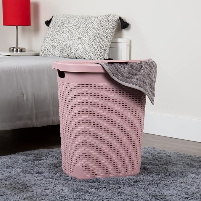 Mind Reader 50L Slim Laundry Hamper, Clothes Basket, Lid, Wicker Design, Plastic, 17.65"L x 13.75"W x 21"H, Set of 2, Pink