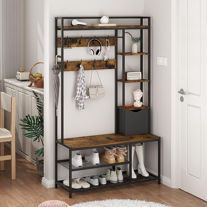 Hall Tree with Storage Bench, Coat Rack Freestanding, Entryway Bench with Storage, Coat Rack with Shoe Storage, 5-In-1 Hall Tree with 12 Hooks for Entryway, Hallway