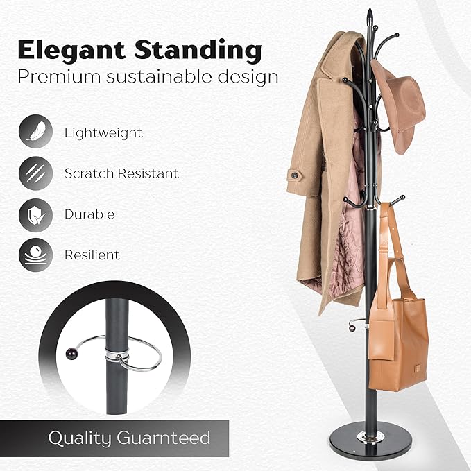Modern Metal Coat Rack with Sturdy Natural Marble Base for Coat, Jacket, Hat, Cloths, Bags - Freestanding Coat Stand with 12 Hooks & Umbrella Holder for Entryway, Hallway, Corner, Office