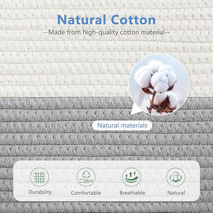 Cotton Rope Basket, Storage Baskets with Handle, 15x10x9 Inch Woven Basket for Shelves, Laundry, Towels, Clothes, Books (White/Grey 1Pack)